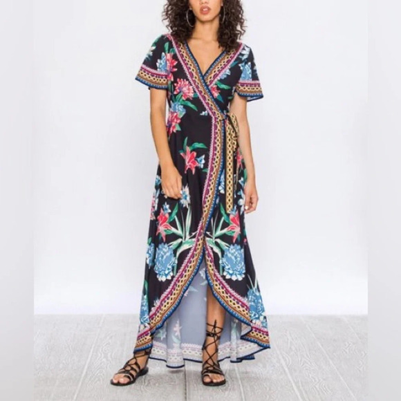FLYING TOMATO Floral‎ Wrap Hi-Lo Dress in Black - Picture 1 of 10